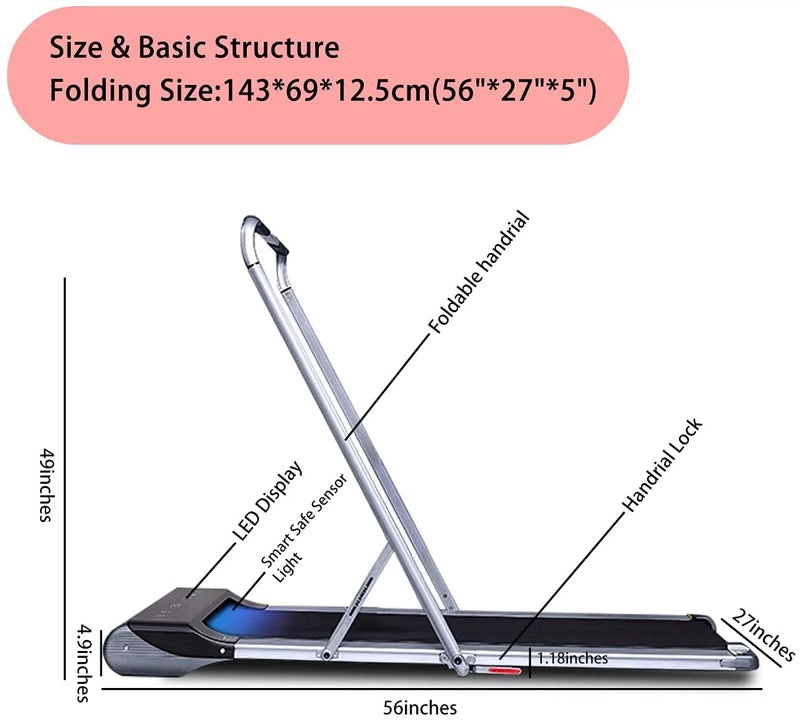 Folding Treadmills for Home under Desk Treadmill Walking Pad Treadmill with Foldable Handrail and Speed Sensor Light Slim Mini Quiet Treadmill with Smart Remote Workout App for Home/Office