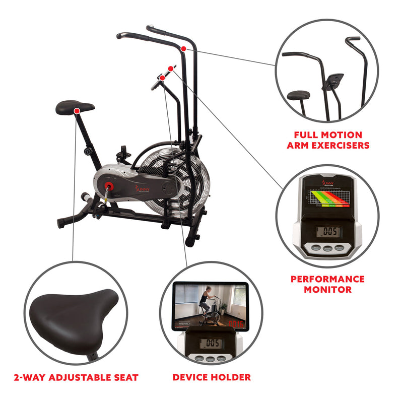 Sunny Health & Fitness Zephyr Air Bike, Fan Exercise Bike w/ Air Resistance Indoor Cycling