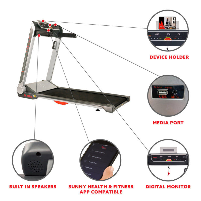 Sunny Health & Fitness Pro Treadmill Wide Flat Folding & Low Deck