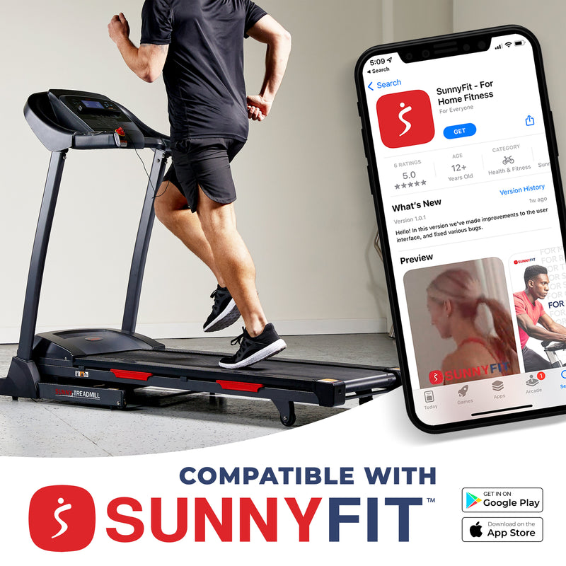 Sunny Health & Fitness Premium Folding Auto-Incline Smart Treadmill with Exclusive SunnyFit® App Enhanced Bluetooth Connectivity